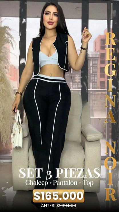SET REGINA NOIR: CHALECO+ PANTALÓN + TOP