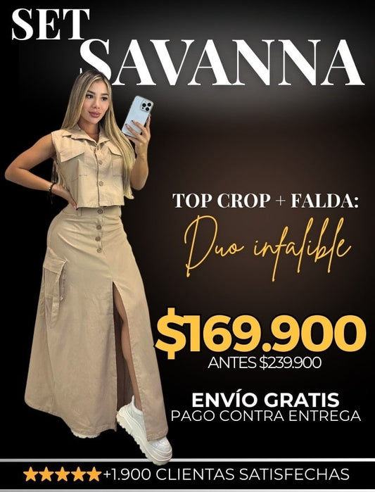 SET SAVANNA®: TOP CROP CAMISERO + FALDA CHIC TIRO ALTO