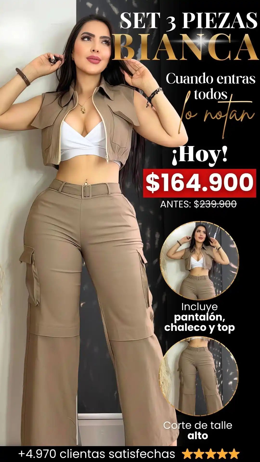 SET BIANCA: PANTALON + CHALECO + TOP